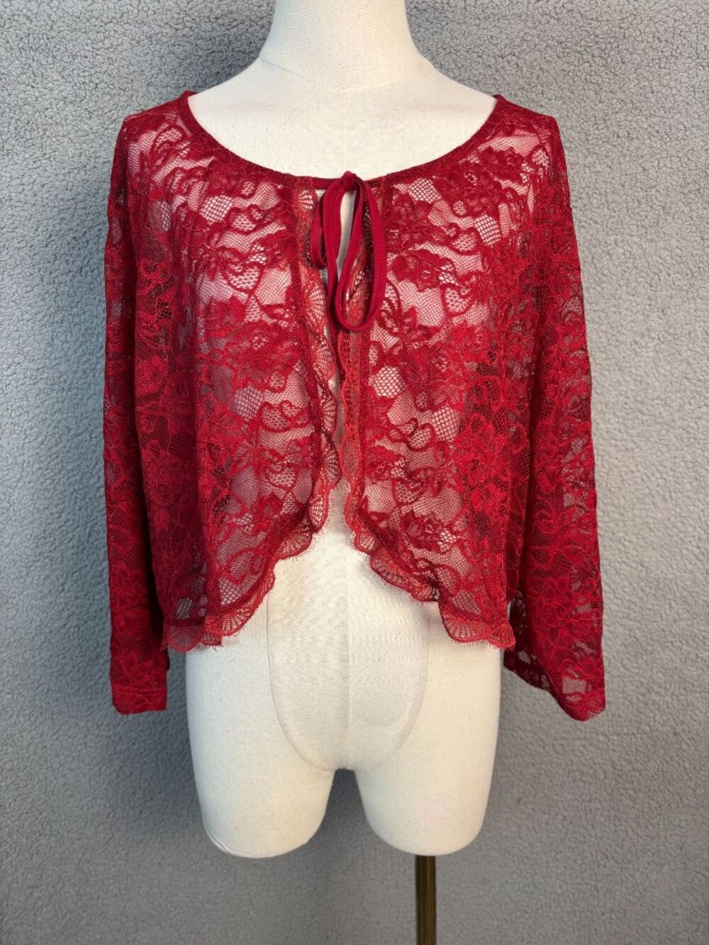Agnes Orinda Women's Sheer Lace Crop Cardigan 3/4 Sleeve Open Front 4XL Red NWTs